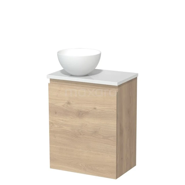 Holz-Badmöbel mit weißem Aufsatzwaschbecken, kompaktes Design, modern im Stil, ideal für kleine Bäder.