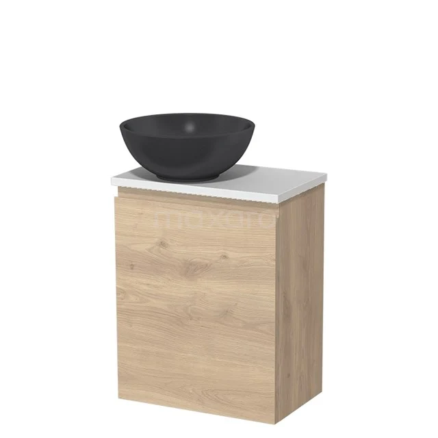 Badkamermeubel met natuurhouten kast, wit blad en zwarte waskom. Perfect voor een moderne en stijlvolle badkamerinrichting.