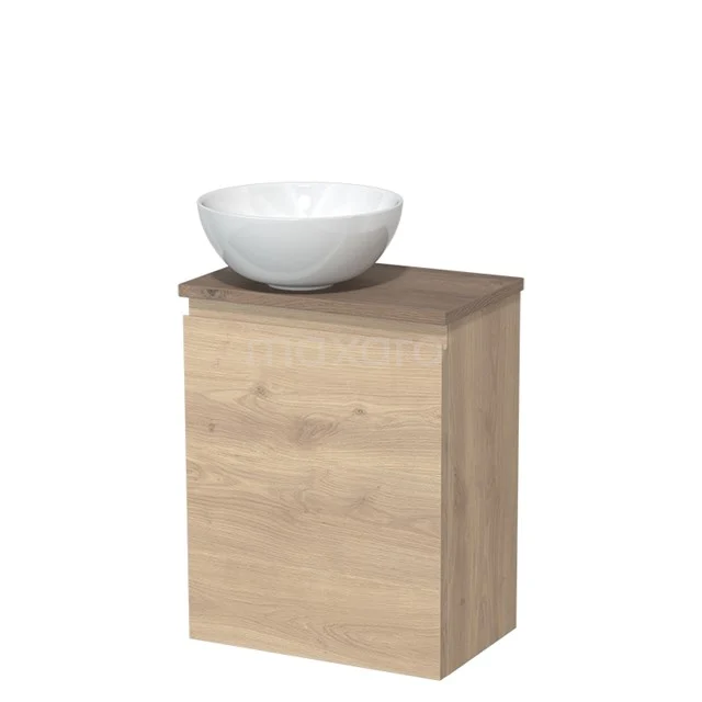 Houten badkamermeubel met eikenlook en witte ronde waskom, modern design ideaal voor compacte badkamers.