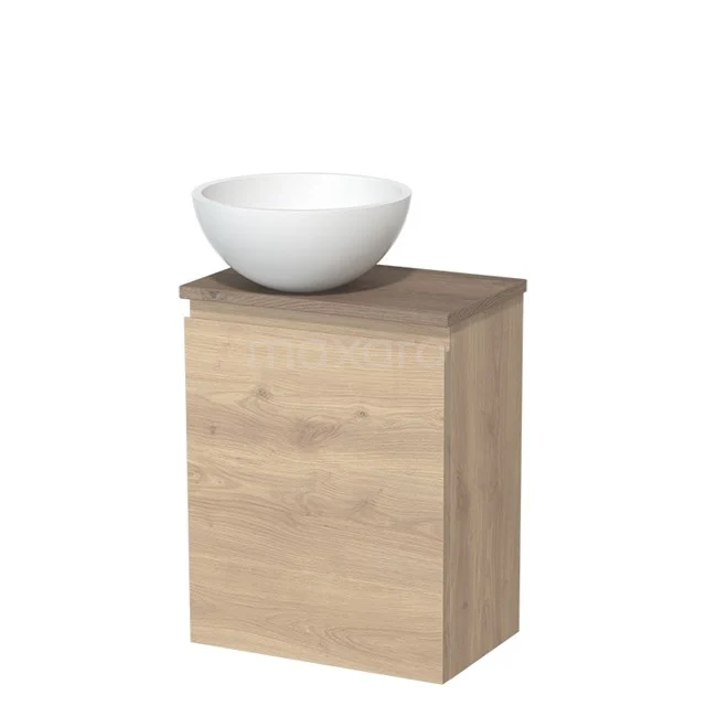 Houten badkamerkastje met witte waskom, compact ontwerp, ideaal voor stijlvolle en moderne badkamerinrichting.