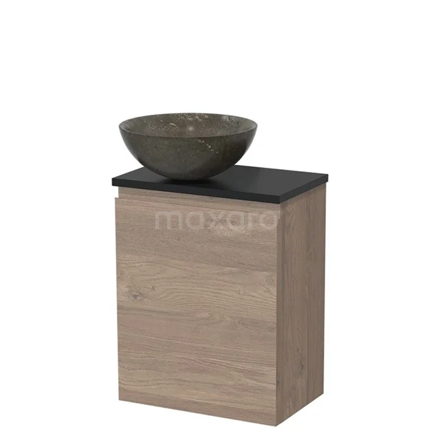 Toiletmeubel met waskom | 41 cm Middenbruin eiken Greeploos front Blue stone Natuursteen waskom Mat zwart blad TMK10-08950