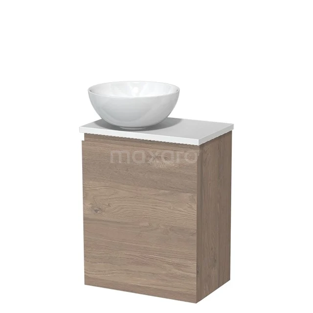 Toiletmeubel met waskom | 41 cm Middenbruin eiken Greeploos front Hoogglans wit Keramiek waskom Hoogglans wit blad TMK10-08963