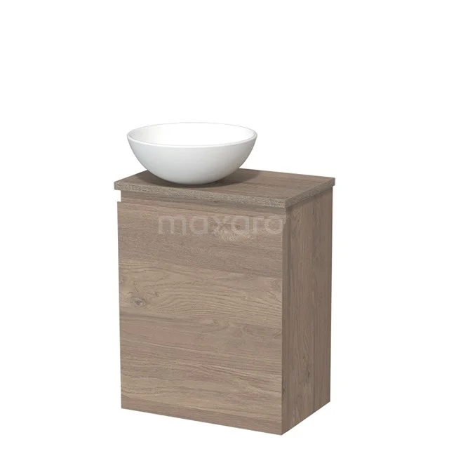 Houten badkamerkast met wastafelkom, compact design in licht eiken afwerking, ideaal voor een moderne badkamer inrichting.