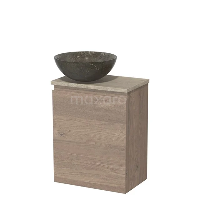 Toiletmeubel met waskom | 41 cm Middenbruin eiken Greeploos front Blue stone Natuursteen waskom Lichtgrijs eiken blad TMK10-09020