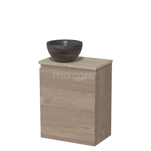 Toiletmeubel met waskom | 41 cm Middenbruin eiken Greeploos front Blue stone Natuursteen waskom Lichtgrijs eiken blad TMK10-09021