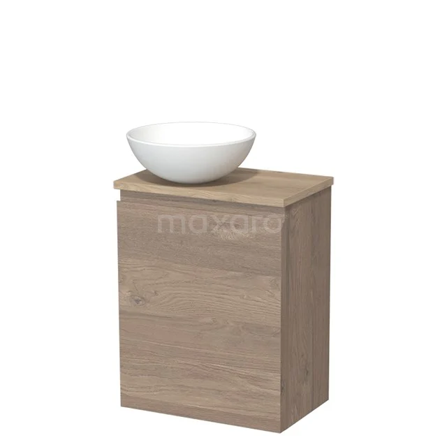 Houten badkamermeubel met witte ronde waskom, compact ontwerp, ideaal voor moderne badkamers.