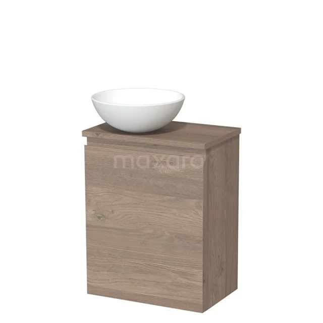 Eikenhouten badkamermeubel met wastafelkom, modern design, natuurlijke houtkleur, ideaal voor een compacte badkamer.