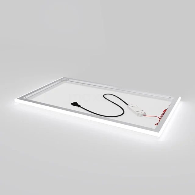 Rectangular LED bathroom mirror, white frame, integrated lighting and dimming function, modern design for stylish bathrooms.