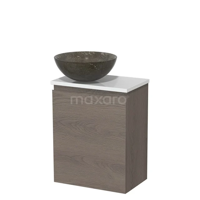 Toiletmeubel met waskom | 41 cm Donkerbruin eiken Greeploos front Blue stone Natuursteen waskom Hoogglans wit blad TMK10-09110