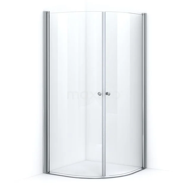 Corner shower cabin with rounded glass doors, silver frame, ideal for modern bathrooms.