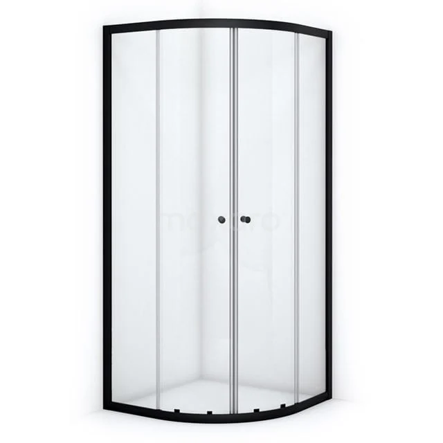 Schwarze Eck-Duschkabine mit Schiebetüren, Glasplatten und minimalistischem Design. Perfekt für moderne Bäder.