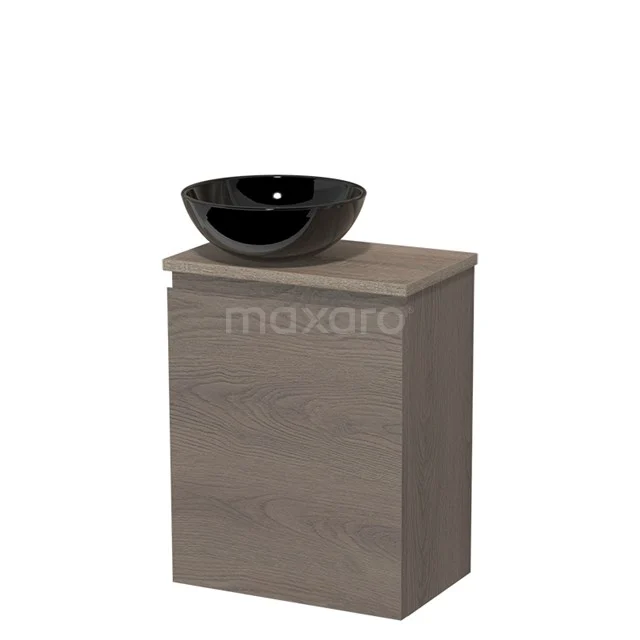 WC-Möbel mit Aufsatzwaschbecken | 41 cm Dunkelbraune Eiche Grifflose Front Hochglanz Schwarz Keramik Aufsatzwaschbecken Eiche TMK10-09144 Holz-Badmöbel in Eichenoptik mit schwarzem ovalem Waschbecken, kompaktes Design für moderne Bäder.