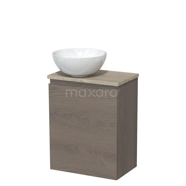Toilet unit with countertop wash basin | 41 cm Dark brown oak Handleless front High-gloss white Ceramic basin Light grey oak worktop TMK10-09153