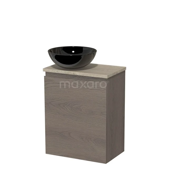 Toilet unit with countertop wash basin | 41 cm Dark brown oak Handleless front High-gloss black Ceramic wash basin Light grey oak worktop TMK10-09154