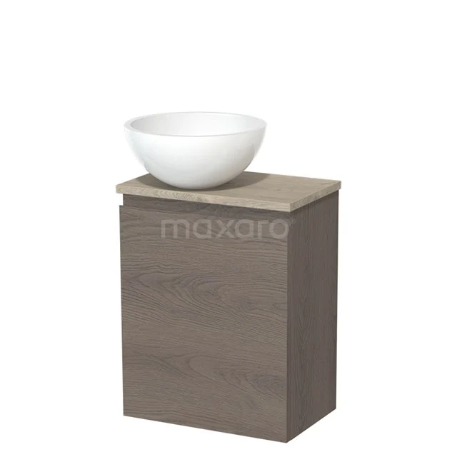 Toilet unit with countertop wash basin | 41 cm Dark brown oak Handleless front High-gloss white Mineral marble basin Light grey oak worktop TMK10-09157