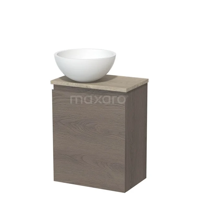 Toilet unit with countertop wash basin | 41 cm Dark brown oak Handleless front Matte white Solid surface basin Light grey oak worktop TMK10-09158