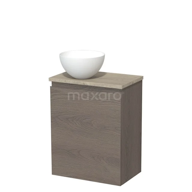 Toilet unit with countertop wash basin | 41 cm Dark brown oak Handleless front Matte white Solid surface basin Light grey oak worktop TMK10-09159