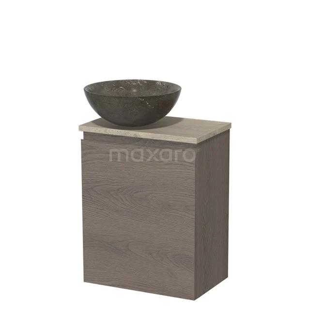 Toiletmeubel met waskom | 41 cm Donkerbruin eiken Greeploos front Blue stone Natuursteen waskom Lichtgrijs eiken blad TMK10-09160