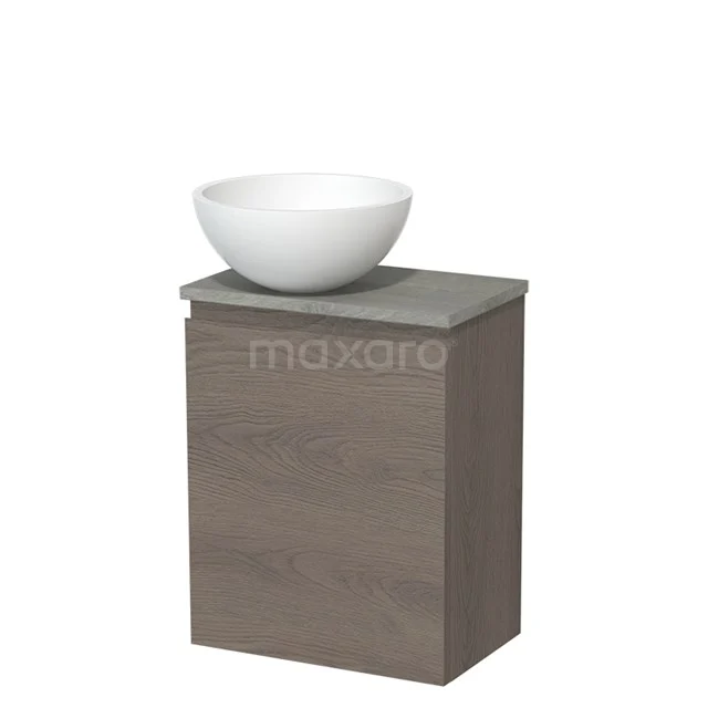 Toilet unit with countertop wash basin | 41 cm Dark brown oak Handleless front Matte white Solid surface wash basin Grey oak worktop TMK10-09198