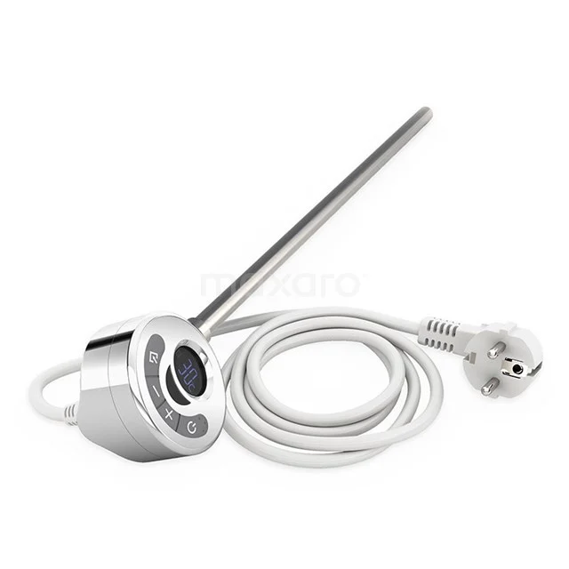 Elektrischer Handtuchheizkörper Thermostat, silberfarben mit Einstellknopf, schlankes Design; ideal für moderne Badezimmer.