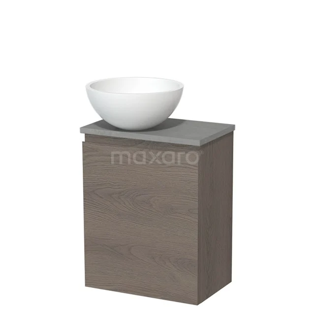 Toilet unit with countertop wash basin | 41 cm Dark brown oak Handleless front Matt white Solid surface wash basin Light grey concrete worktop TMK10-09208