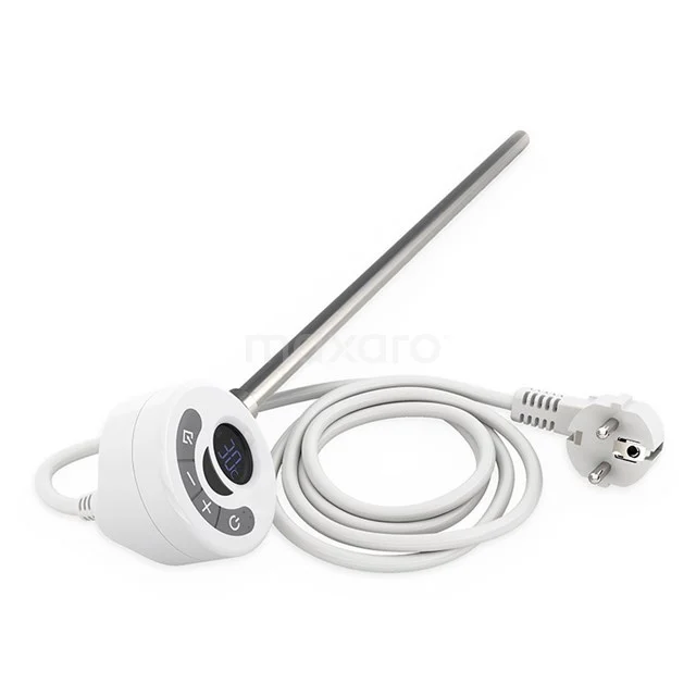 White electric towel radiator thermostat with stainless steel design and long cable, perfect for bathroom heating.