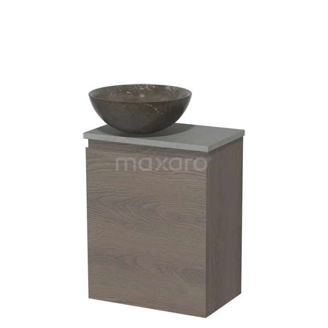 WC-Möbel mit Aufsatzwaschbecken | 41 cm Dunkelbraune Eiche Grifflose Front Blaustein Naturstein Aufsatzwaschbecken Hellgrauer Beton Platte TMK10-09210 Holz-Badschrank mit grauem Waschbecken und runder Natursteine-Aufsatzwaschbecken, ideal für ein modernes Badezimmer.