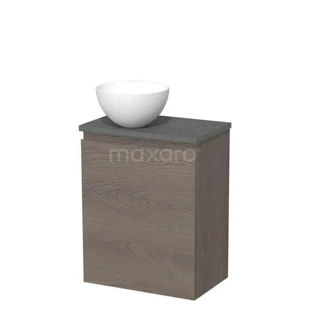 WC-Möbel mit Aufsatzwaschbecken | 41 cm Dunkelbraune Eiche Grifflose Front Matt Weiß Solid Surface Aufsatzwaschbecken Dunkelgrauer Beton Platte TMK10-09219 Hölzerner Badschrank mit Dunkelgrau Platte und weißer schalenförmiger Waschbecken, kompaktes Design für stilvolle und praktische Badezimmerlagerung.