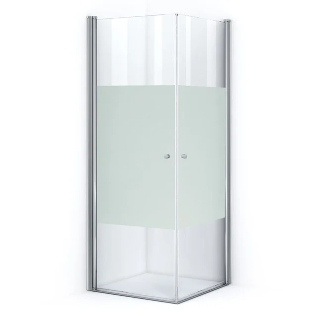 Glas Duschkabine mit matt-weißer Mittelplatte, Eckmodell, silberfarbene Aluminium Profile, ideal für moderne Bäder.