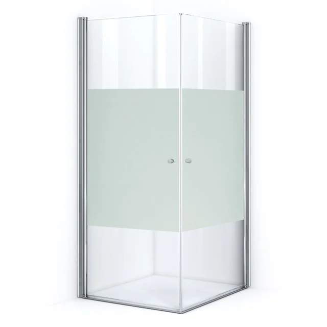 Corner shower cabin with silver profile, frosted glass finish and pivot door, ideal for modern bathroom design.