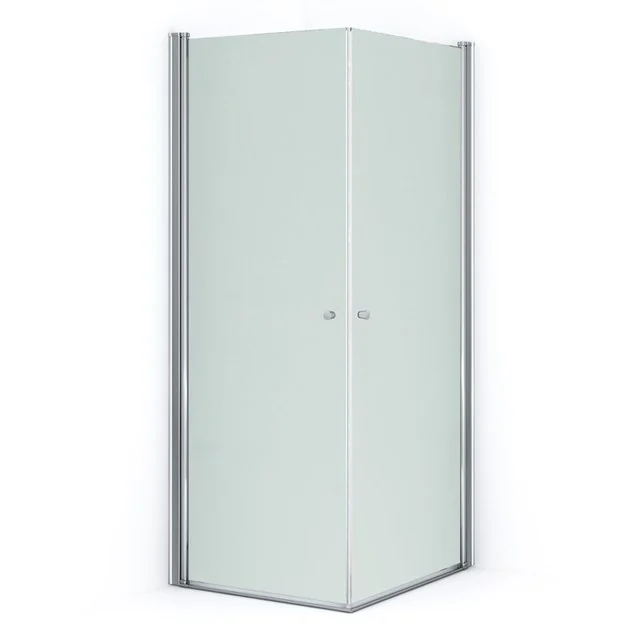 Corner shower cabin with sliding doors, aluminium frame and clear glass, ideal for a compact bathroom.