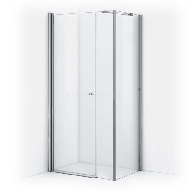 Angular glass shower enclosure with aluminium profile, folding doors and modern design; ideal for a compact bathroom.