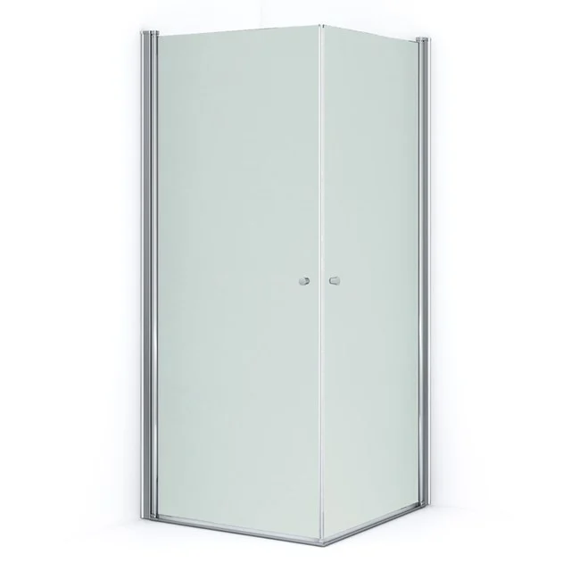 Corner shower cabin with frosted glass doors and aluminium profiles, compact design for modern bathroom.