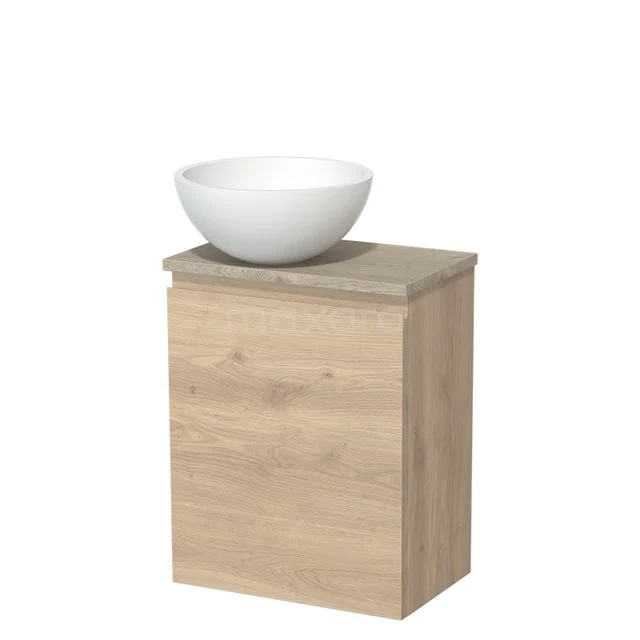WC-Möbel mit Aufsatzwaschbecken | 41 cm Hellbraune Eiche Grifflose Front Matt Weiß Solid Surface Aufsatzwaschbecken Hellgraue Eiche Platte TMK10-09298 Holz Badezimmermöbel mit weißem rundem Aufsatzwaschbecken, kompaktes Design und natürlicher Eichenoptik.