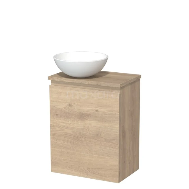 WC-Möbel mit Aufsatzwaschbecken | 41 cm Hellbraune Eiche Grifflose Front Matt Weiß Keramik Aufsatzwaschbecken Hellbraune Eiche Platte TMK10-09306 Holz-Badschrank mit weißem Aufsatzwaschbecken, kompaktes Design, ideal für kleine Bäder und moderne Einrichtungsstile.