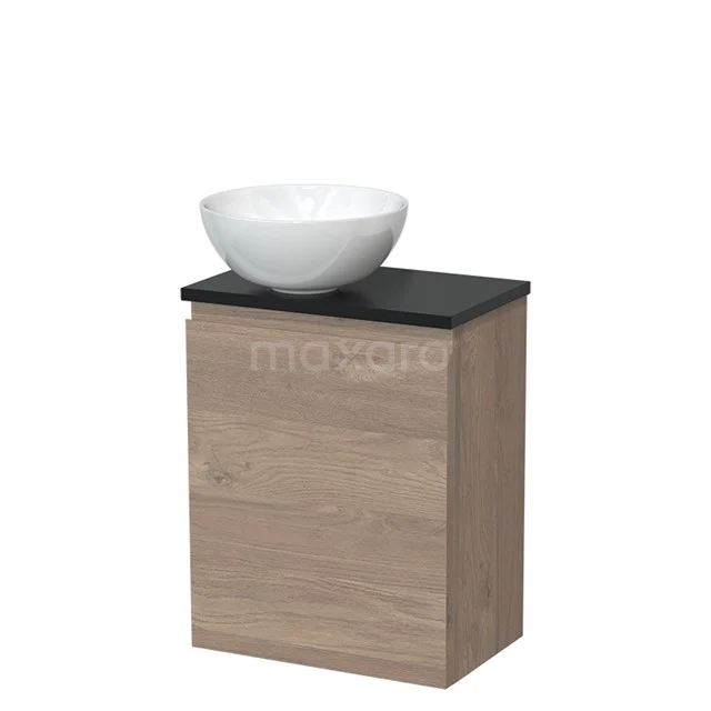 Toiletmeubel met waskom | 41 cm Middenbruin eiken Greeploos front Hoogglans wit Keramiek waskom Mat zwart blad TMK10-09363