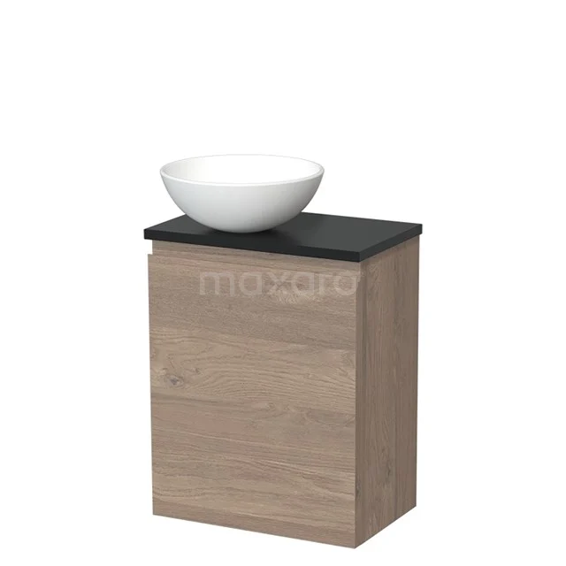 Wastafelmeubel houtlook met zwarte blad en witte kom, modern badkamerdesign, ideaal voor compacte ruimtes.