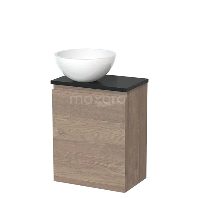 Eikenhouten badkamermeubel met zwart blad en witte wastafelkom, modern design, perfect voor een stijlvolle badkamer inrichting.