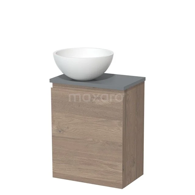 Houten badkamermeubel met grijze bovenkant en witte ronde waskom, compact design voor moderne badkamer.