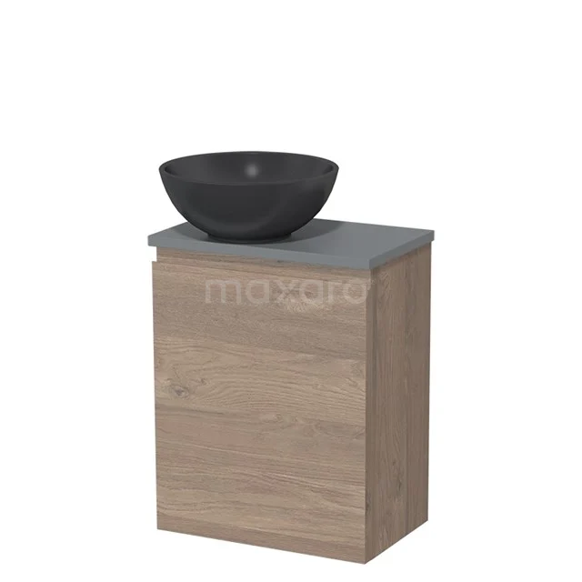 Badkamermeubelset met houtlook kast, grijs stenen wastafelblad en zwarte ronde waskom, ideaal voor moderne badkamerstijl.