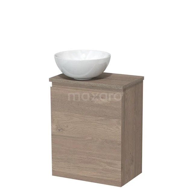Badkamermeubel houtlook met witte keramische waskom, compacte wastafel voor moderne badkamerinrichting.