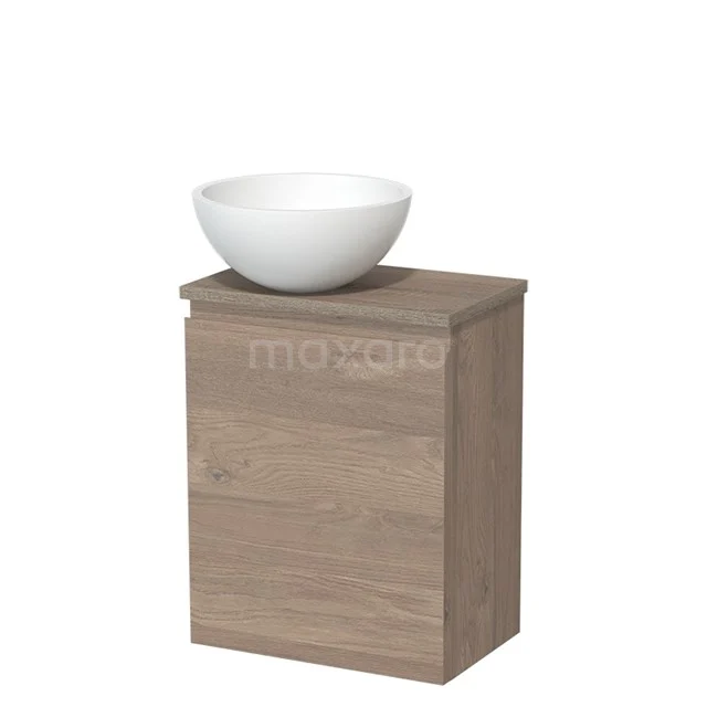 Compacte houten badkamerkast met licht eiken afwerking en ronde witte wastafel, ideaal voor een moderne badkamerstijl.