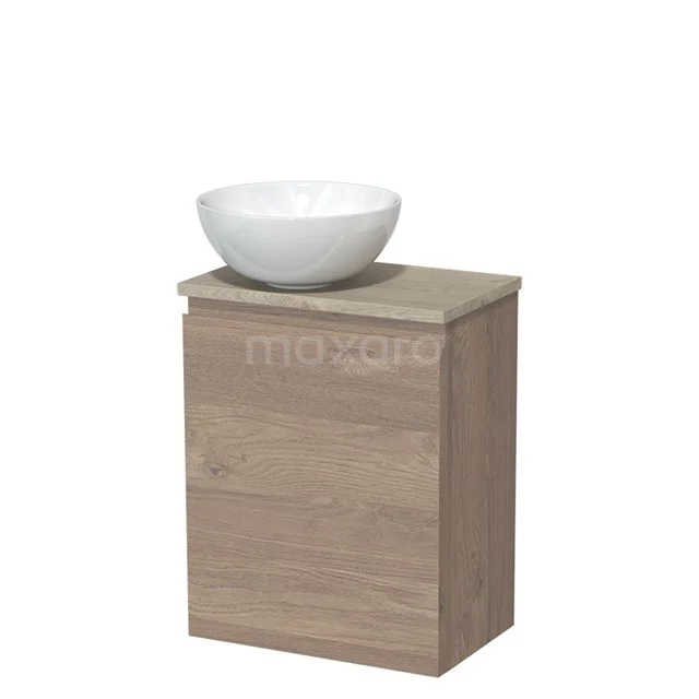 Houten badkamermeubel met wastafel, modern ontwerp, licht eikenhout, compact formaat voor kleine badkamerstijl.