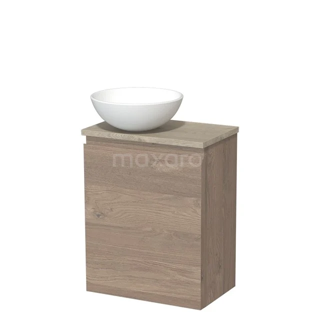 Houten badmeubel in eiken look met witte ronde waskom, compact design ideaal voor moderne badkamerinrichting.