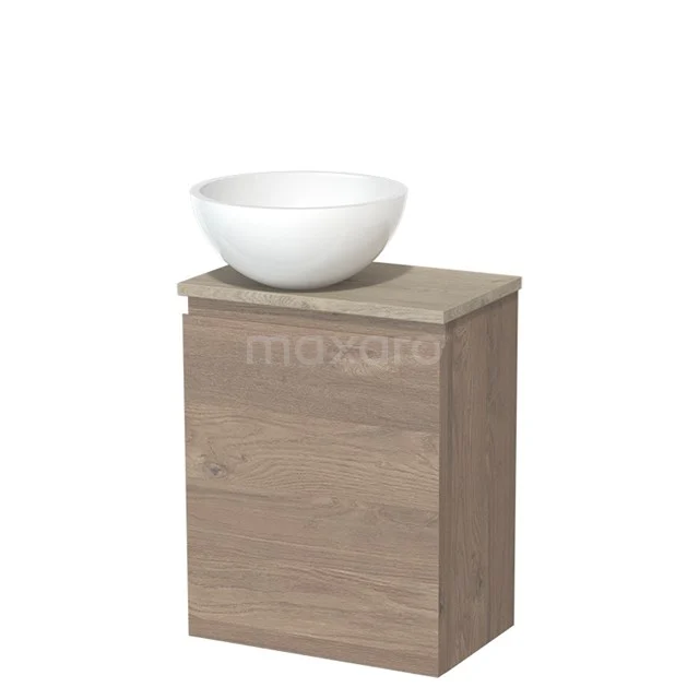 Houten badkamerkast met waskom, eiken look, compact design; ideaal voor moderne badkamerinrichting.