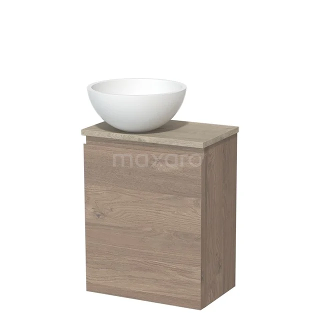 Houten badkamermeubel met natuurlook, inclusief witte wastafelkom; compact en modern ontwerp voor stijlvolle badkamerruimtes.