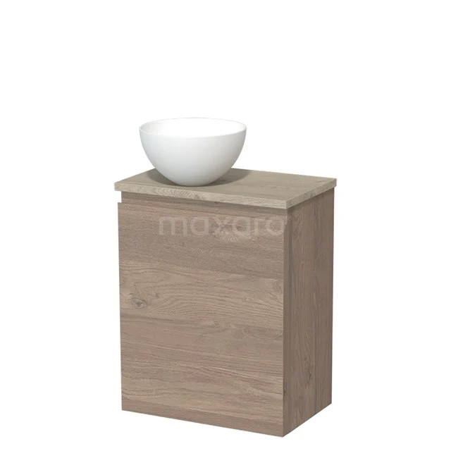 Houten badkamermeubel met waskom, eiken uitstraling, compact design, ideaal voor moderne en kleine badkamers.