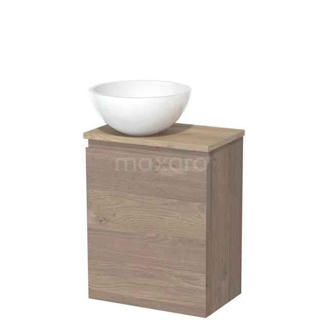 Houten badkamerkast met wastafel, eikenlook, compact design, ideaal voor moderne badkamers.