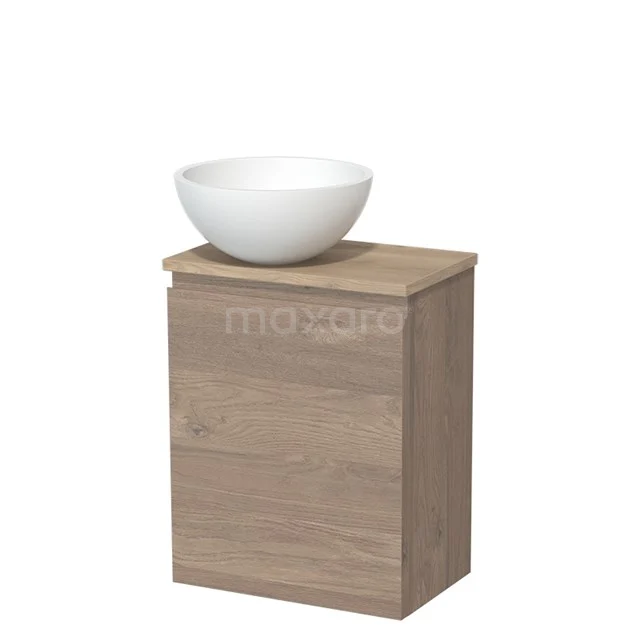 Hölzerner Badschrank mit keramischem Aufsatzwaschbecken, kompaktes Design, ideal für kleine Bäder, stilvoll und funktional.