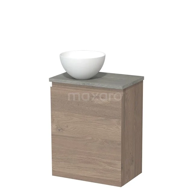 Houten badkamermeubel met keramische waskom, eikenlook en grijze bovenplaat, modern design voor stijlvolle badkamers.